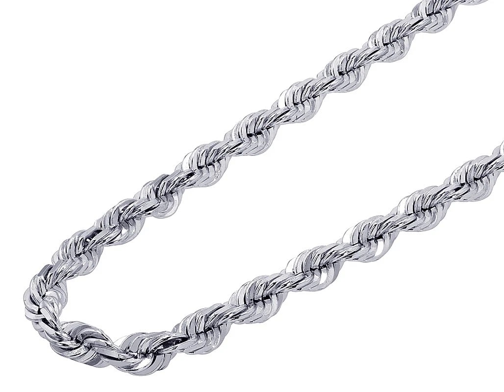 REAL 10K SOLID ROPE CHAIN NECKLACE WHITE GOLD: Real 10K Solid Rope Chain Necklace White Gold Brand: None Type: Necklace Material: 10K White Gold Color: White Gold Size: Necklace Length 18" Width 6mm Accessories: None Accessories Notice