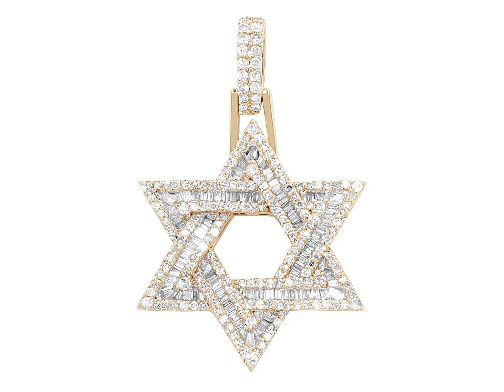 BAGUETTE REAL DIAMOND STAR OF DAVID PENDANT 10K YELLOW GOLD: Baguette Real Diamond Star of David Pendant 10K Yellow Gold Brand: None Type: Pendant Material: 10K Yellow Gold Main Stone/Creation Natural Color: Yellow Gold Size: Dimension L 1.3" , W 1" , H 0.1"