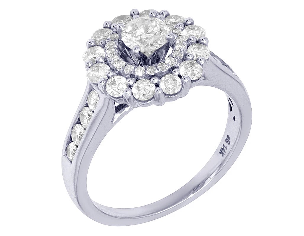 SOLITAIRE DOUBLE HALO REAL DIAMOND ENGAGEMENT RING: Solitaire Double Halo Real Diamond Engagement Ring Brand: None Type: Ring Material: 14k White Gold Main Stone/Creation Natural Color: White Gold Size: 7 US Accessories: None Accessories No