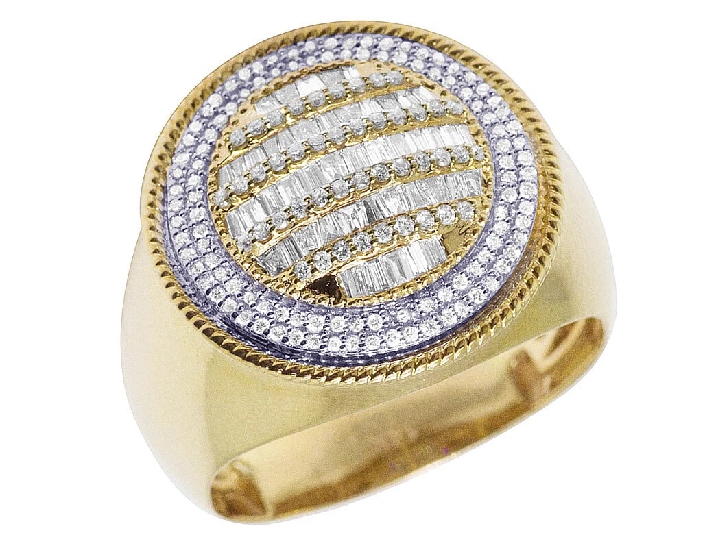 BAGUETTE REAL DIAMOND DOME PINKY RING 10K YELLOW GOLD: Baguette Real Diamond Dome Pinky Ring 10K Yellow Gold Brand: None Type: Ring Material: 10K Yellow Gold Main Stone/Creation Natural Color: Yellow Gold Size: 10 US Accessories: None Accessor