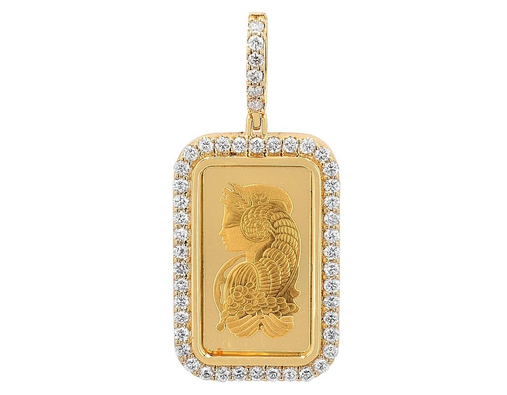 24K LADY FORTUNA GOLD BAR DIAMOND PENDANT 10K GOLD: 24K Lady Fortuna Gold Bar Diamond Pendant 10K Gold Brand: None Type: Pendant Material: 10K Yellow Gold Main Stone/Creation Natural Color: Yellow Gold Size: Dimension L 1.6" , W 18.2 MM Accessorie