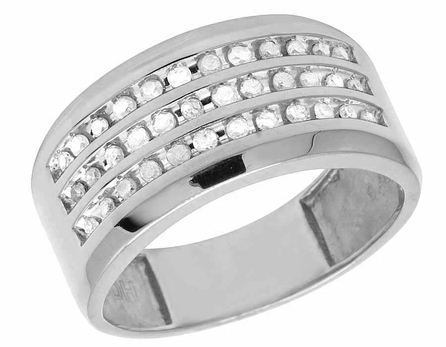 10K WHITE GOLD GENUINE DIAMOND MENS 3 ROW CHANNEL RING (1 of 4)