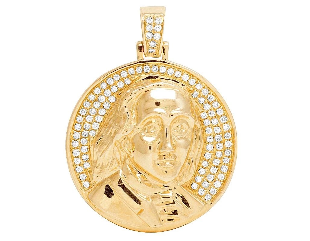 14K YELLOW GOLD GENUINE DIAMOND BENJAMIN PENDANT: 14K Yellow Gold Genuine Diamond Benjamin Pendant Brand: None Type: Pendant Material: 14K Yellow Gold Main Stone/Creation Natural Color: Yellow Gold Size: Dimension 1.2" Accessories: None A