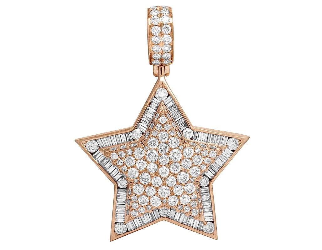 P MEN'S 14K ROSE GOLD 3D REAL DIAMOND SUPER STAR PENDANT: p Men's 14K Rose Gold 3D Real Diamond Super Star Pendant Brand: None Type: Pendant Material: 14K Rose Gold Main Stone/Creation Natural Color: Rose Gold Size: Dimension 1.75"x 1.25" Accessories: No