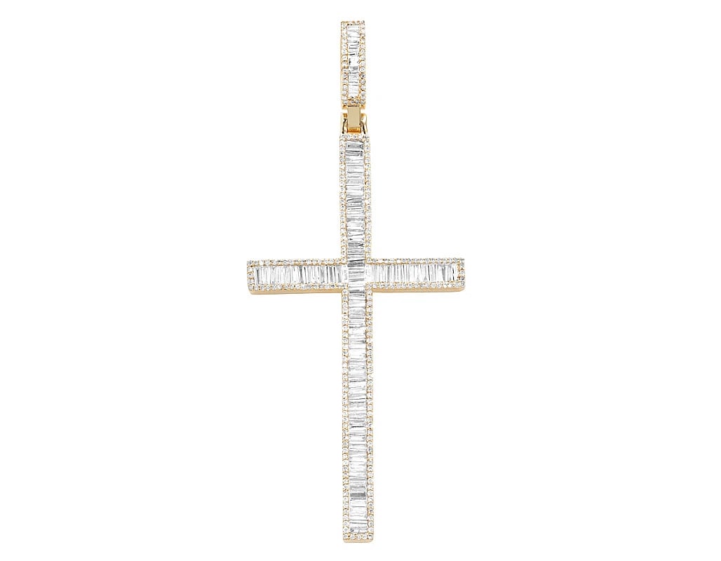 BAGUETTE ROW REAL DIAMOND CROSS PENDANT 10K YELLOW GOLD: Baguette Row Real Diamond Cross Pendant 10K Yellow Gold Brand: None Type: Pendant Material: 10K Yellow Gold Main Stone/Creation Natural Color: Yellow Gold Size: Dimension L 2.9" , W 1.2" , H 0.2"