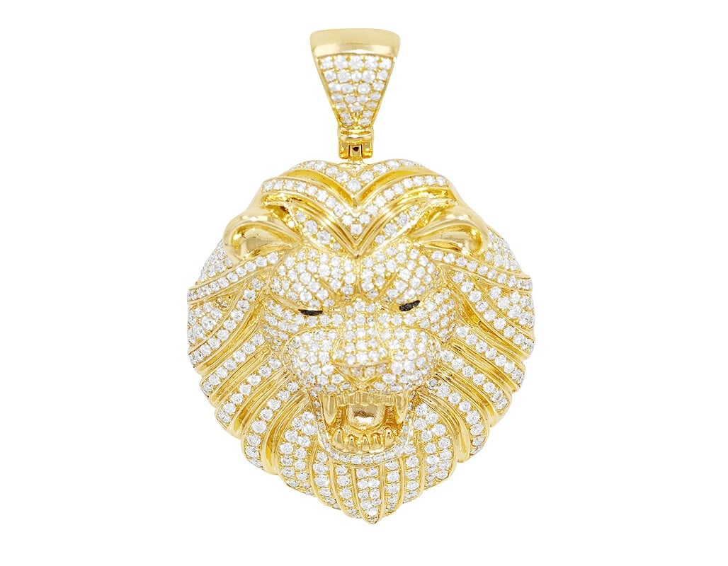 LION SHAPED REAL DIAMOND PENDANT 10K YELLOW GOLD: Lion Shaped Real Diamond Pendant 10k Yellow Gold Brand: None Type: Pendant Material: 10k Yellow Gold Main Stone/Creation Natural Color: Yellow Gold Size: Dimension 2" x 1" Accessories: None