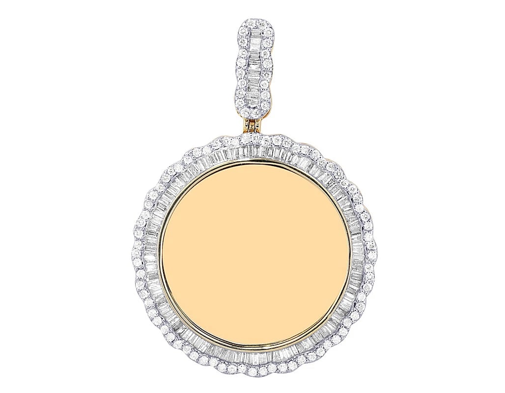 FLOWER BAGUETTE REAL DIAMOND MEMORY PENDANT: Flower Baguette Real Diamond Memory Pendant Brand: None Type: Pendant Material: 10k Yellow-White Gold Main Stone/Creation Natural Color: Yellow-White Gold Size: Dimension L 2.1", W 1.5" Accessori