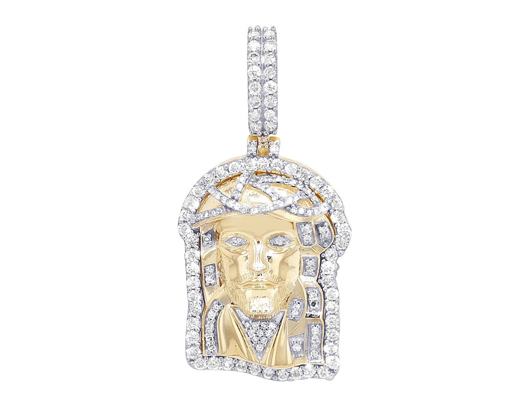 JESUS HEAD WITH CROWN REAL DIAMOND PENDANT YELLOW GOLD: Jesus Head with Crown Real Diamond Pendant Yellow Gold Brand: None Type: Pendant Material: 10K Yellow Gold Main Stone/Creation Natural Color: Yellow Gold Size: Dimension W 20mm, L 1.75", H 9mm Ac