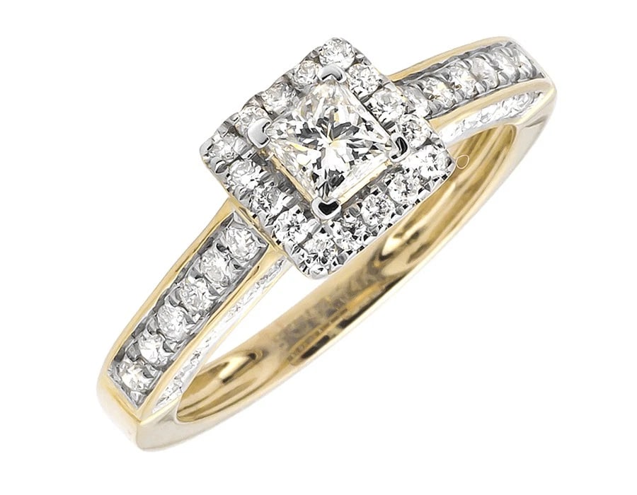 14K YELLOW GOLD SQUARE HALO PRINCESS DIAMOND RING: 14K Yellow Gold Square Halo Princess Diamond Ring Brand: None Type: Ring Material: 14K Yellow Gold Main Stone/Creation Natural Color: Yellow Gold Size: 7 US Accessories: None Accessories N
