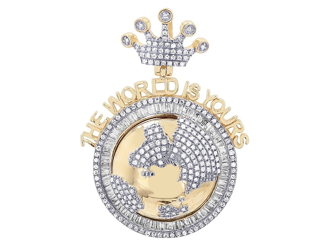 THE WORLD IS YOURS CROWN DIAMOND PENDANT: The World Is Yours Crown Diamond Pendant Brand: None Type: Pendant Material: 10k Yellow-White Gold Main Stone/Creation Natural Color: Multi-Tone Size: Dimension 1.1" , bale 13.5 MM Accessories: N
