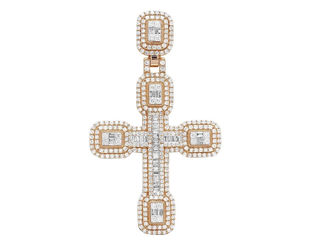 BAGUETTE ROUND REAL DIAMOND CROSS PENDANT 10K ROSE GOLD: Baguette Round Real Diamond Cross Pendant 10K Rose Gold Brand: None Type: Pendant Material: 10K Rose Gold Main Stone/Creation Natural Color: Rose Gold Size: Dimension 2.4" Accessories: None