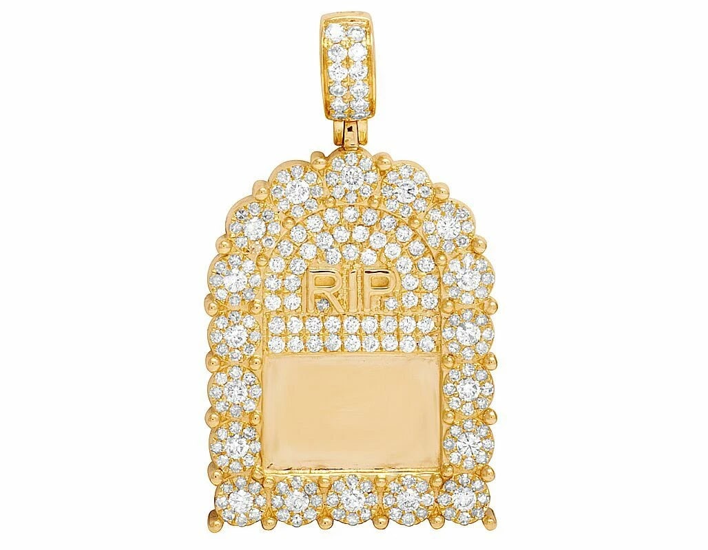P MEN'S REAL DIAMOND RIP TOMBSTONE PENDANT 14K YELLOW GOLD: p Men's Real Diamond RIP Tombstone Pendant 14K Yellow Gold Brand: None Type: Pendant Material: 14K Yellow Gold Main Stone/Creation Natural Color: Yellow Gold Size: Dimension 1.75"x 1" Accessories: