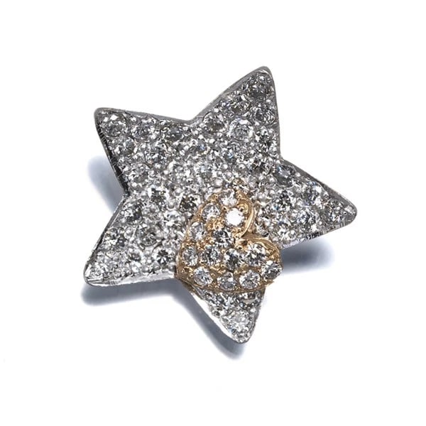 DIAMOND PAVED STAR HEART BICOLOR PENDANT: Diamond Paved Star Heart Bicolor Pendant Brand: Unbranded Type: Pendant Material: 18K / 750 / White Gold 14K / 585 / Yellow Gold There is no stamp on the item of the metal purity 14K but the results o
