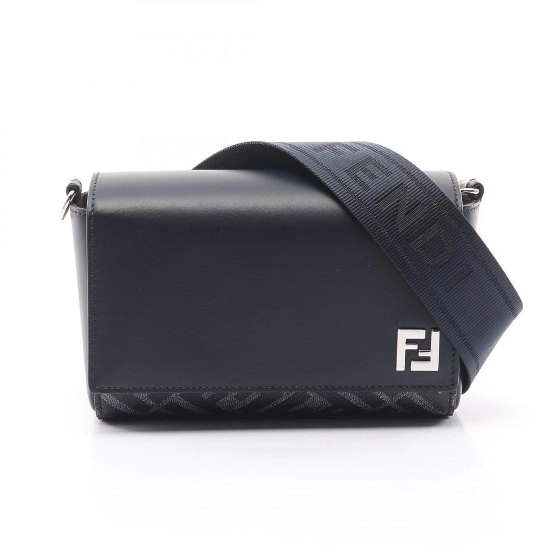 FENDI FF SQUARED COMPACT SHOULDER BAG: FENDI FF Squared Compact Shoulder Bag Brand: FENDI Type: Shoulder Bag Material: Exterior Material leather Color: Exterior Color Navy Size: H:12cm x W:17.5cm x D:6.5cm (H:4.7" x W:6.9" x