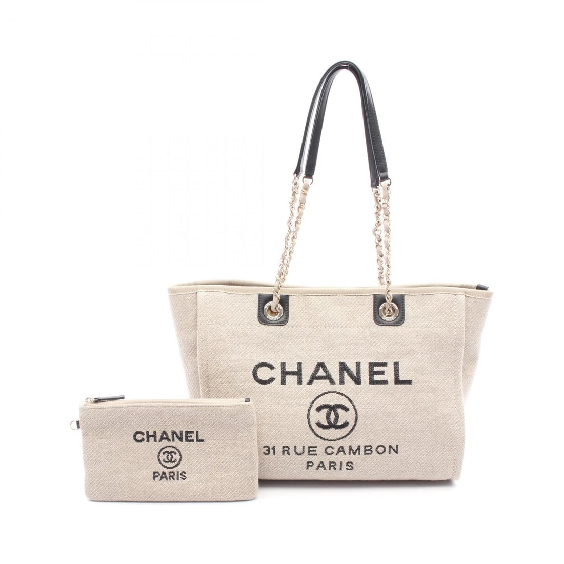 CHANEL DEAUVILLE CHAIN TOTE BAG: CHANEL Deauville Chain Tote Bag Brand: CHANEL Type: Tote Bag Material: Exterior Material canvas Color: Exterior Color Beige Size: H:26cm x W:35cm x D:14cm (H:10.2" x W:13.8" x D:5.5") Strap