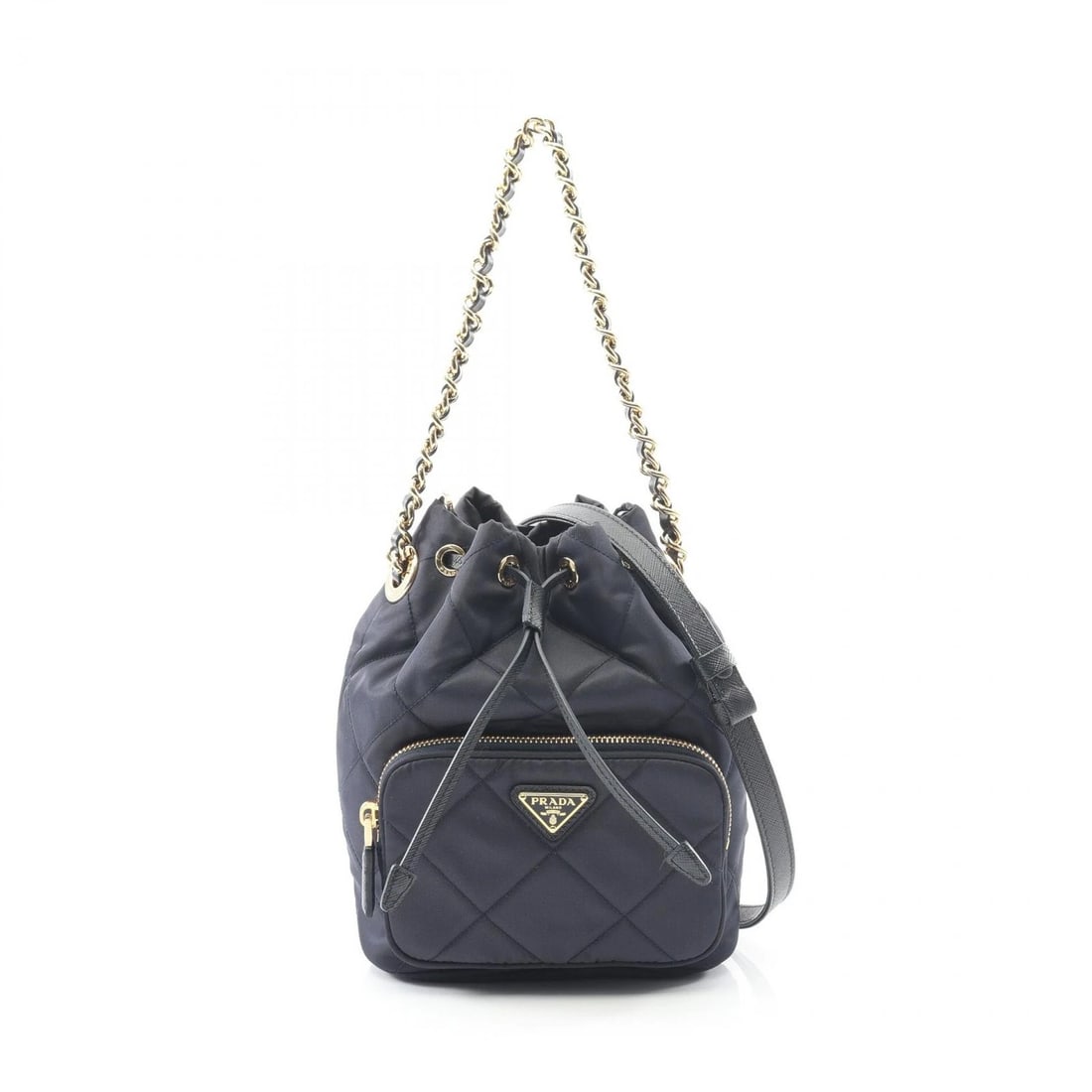 PRADA DUET RE-NYLON BUCKET CHAIN CROSSBODY HANDBAG: PRADA Duet Re-Nylon bucket Chain Crossbody Handbag Brand: PRADA Type: Handbag Material: Exterior Material Nylon Color: Exterior Color Navy Size: H:23cm x W:18cm x D:11cm (H:9.1" x W:7.1" x D:4.3")