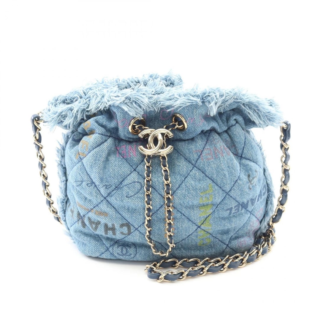 CHANEL MATELASSE SMALL BUCKET CROSSBODY CHAIN SHOULDER BAG: CHANEL Matelasse Small Bucket Crossbody Chain Shoulder Bag Brand: CHANEL Type: Shoulder Bag Material: Exterior Material denim Color: Exterior Color Blue Size: H:16cm x W:16cm x D:7cm (H:6.3" x W:6