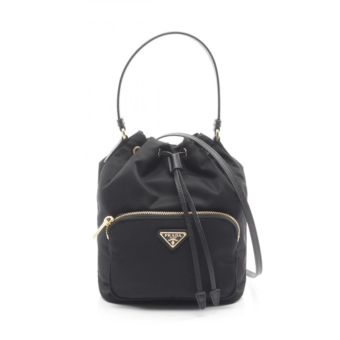 PRADA DUET RE-NYLON BUCKET VELA HANDBAG: PRADA Duet Re-Nylon Bucket VELA Handbag Brand: PRADA Type: Handbag Material: Exterior Material Nylon Color: Exterior Color Black Size: H:23cm x W:18cm x D:11cm (H:9.1" x W:7.1" x D:4.3") Handle?32