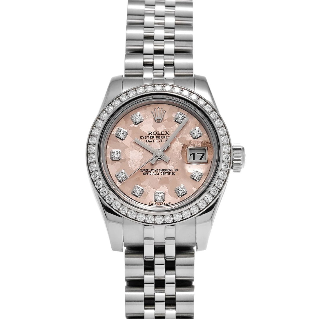 ROLEX DATEJUST PINK GOLD CRYSTAL DIAMOND WATCH: ROLEX Datejust Pink gold crystal diamond WATCH Brand: ROLEX Type: Wristwatch Material: Band Material Stainless steel, Case Material Stainless steel Color: Dial Color Pink gold crystal/diamond Size