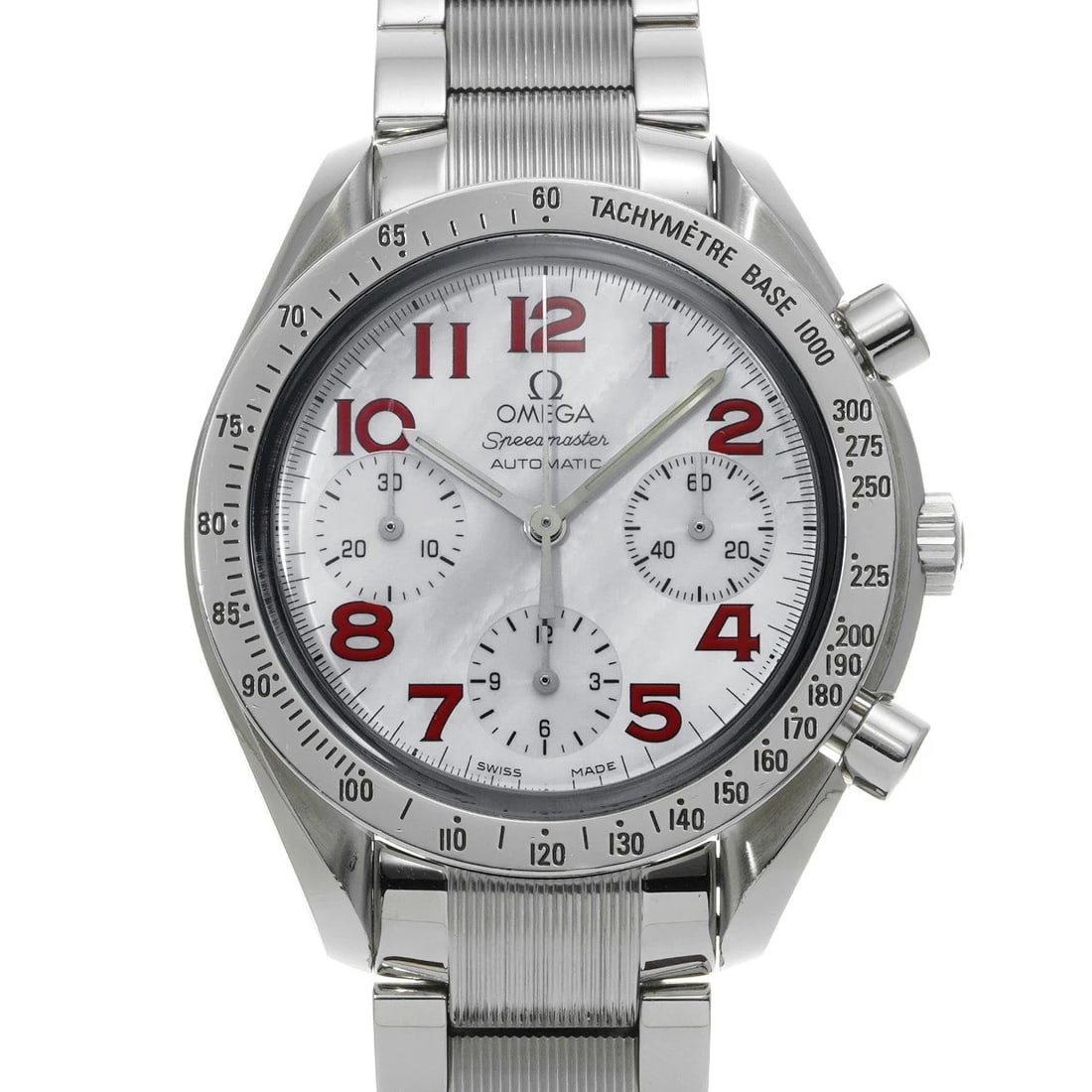 OMEGA SPEEDMASTER WHITE SHELL WATCH: OMEGA Speedmaster White shell WATCH Brand: OMEGA Type: Wristwatch Material: Band Material Stainless steel, Case Material Stainless steel Color: Dial Color White shell Size: ??Case? H/about 39mm W/abou