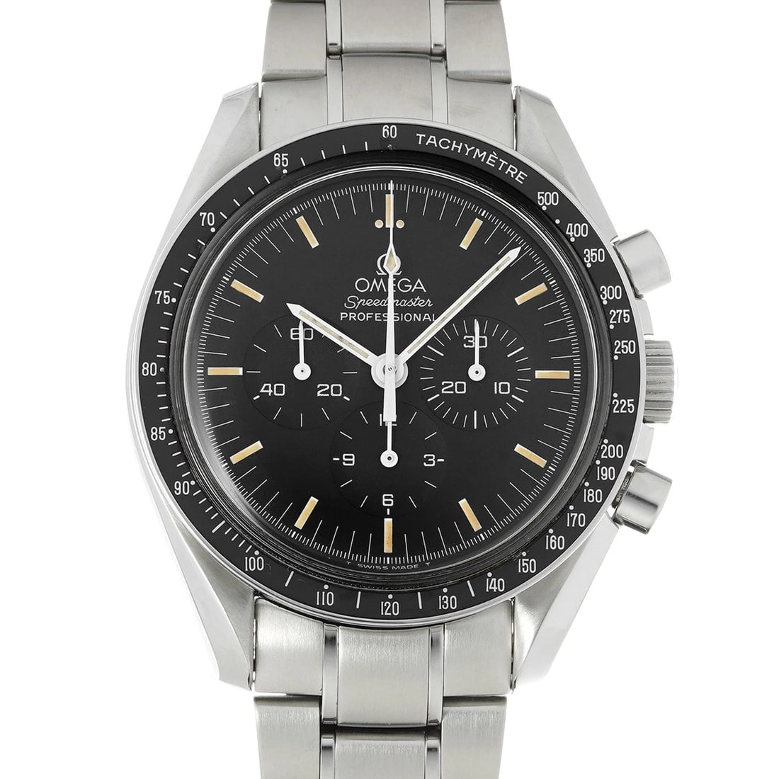 OMEGA SPEEDMASTER PROFESSIONAL BLACK WATCH: OMEGA Speedmaster Professional black WATCH Brand: OMEGA Type: Wristwatch Material: Band Material Stainless steel, Case Material Stainless steel Color: Dial Color black Size: ??Case? H/about 42mm W