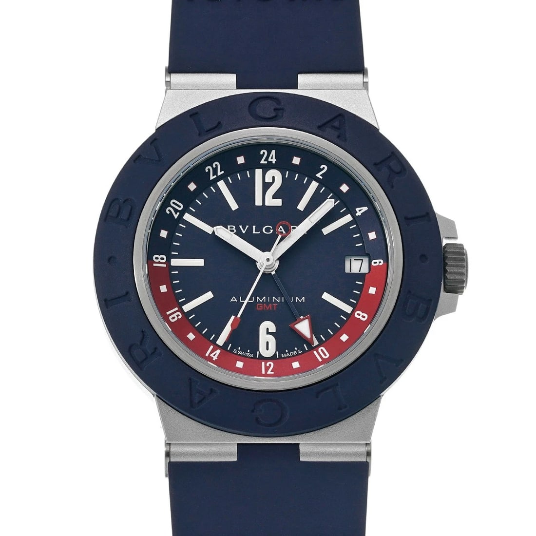 BVLGARI ALUMINUM BLUE WATCH: BVLGARI Aluminum blue WATCH Brand: BVLGARI Type: Wristwatch Material: Band Material rubber, Case Material aluminum Color: Dial Color blue Size: ??Case? H/about 40mm W/about 40mm D/about 10mm Circu