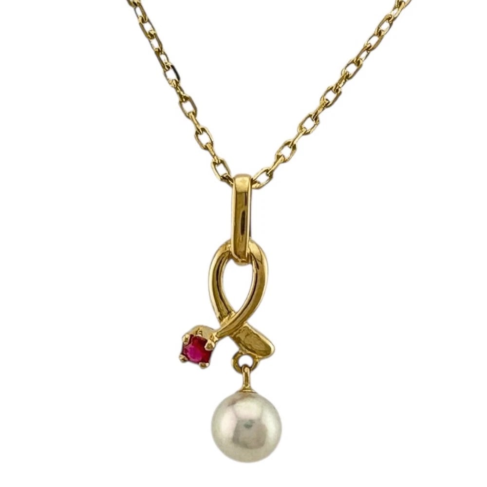 MIKIMOTO NECKLACE K18 YELLOW GOLD PEARL RUBY: MIKIMOTO Necklace K18 yellow gold Pearl Ruby Brand: MIKIMOTO Type: Necklace Material: K18 yellow gold Main Stone/Creation Pearl Color: gold Size: Size(CM) Total Length:38cm Chain width:0.9mm Top:W