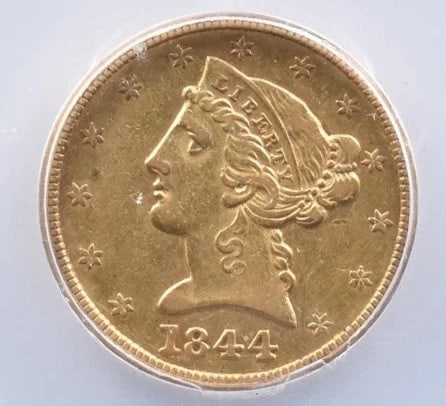 1844 $5 LIBERTY HEAD GOLD HALF EAGLE: 1844 $5 Liberty Head Gold Half Eagle Brand/Mint: None Year: 1844 Fineness: None Denomination: $5 Country of Origin: United States Accessories: None Accessories Notice: When purchasing pre-