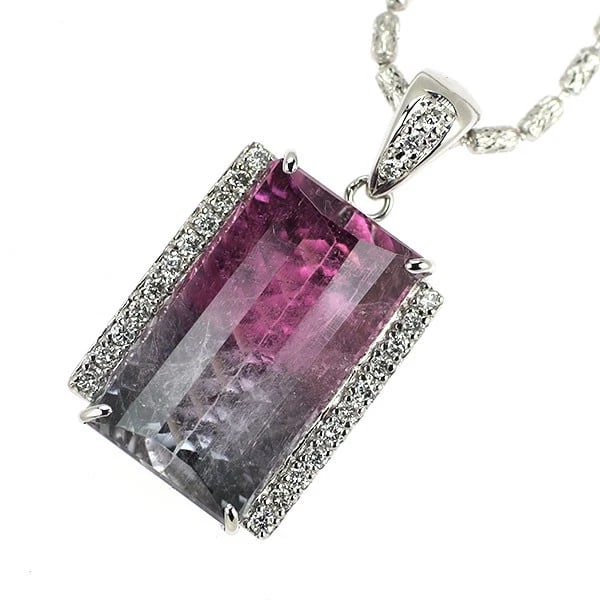 K18WG BICOLOR TOURMALINE DIAMOND PENDANT NECKLACE: K18WG Bicolor Tourmaline Diamond Pendant Necklace Brand: None Type: pendant necklace Material: K18WG Main Stone/Creation tourmaline Color: WG Size: Necklace: Chain Length ?45 cm Accessories: None