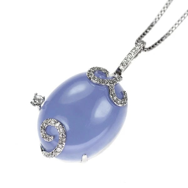 K18WG BLUE CHALCEDONY DIAMOND PENDANT NECKLACE: K18WG Blue Chalcedony Diamond Pendant Necklace Brand: None Type: pendant necklace Material: K18WG Color: WG Size: Necklace: Chain Length ?47 cm Accessories: None Accessories Notice: When