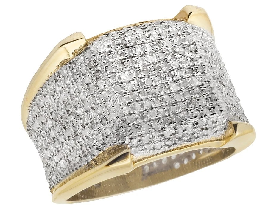 MEN'S 10K YELLOW GOLD ICED REAL DIAMOND 3D 4 PRONG RING: Men's 10K Yellow Gold Iced Real Diamond 3D 4 Prong Ring Brand: None Type: Ring Material: 10K Yellow Gold Main Stone/Creation Natural Color: Gold Size: 10 US Accessories: None Accessories N
