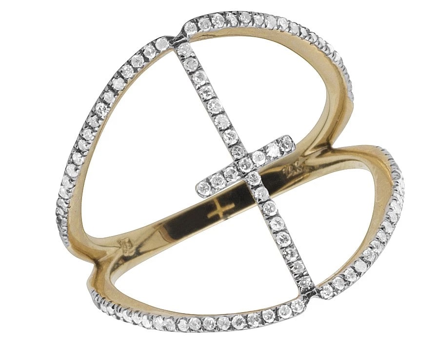 LADIES 14K YELLOW GOLD CROSS SPLIT SHANK REAL DIAMOND RING (1 of 4)