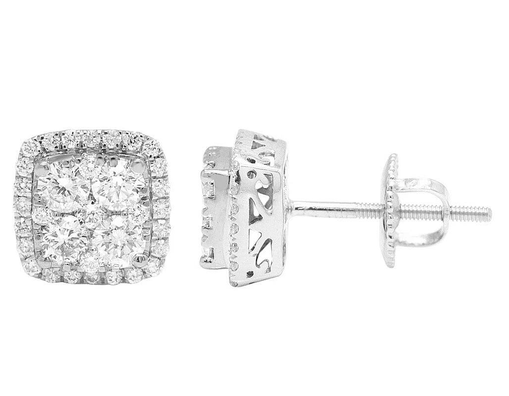 10K GOLD SQUARE HALO CLUSTER REAL DIAMOND EARRINGS (1 of 4)