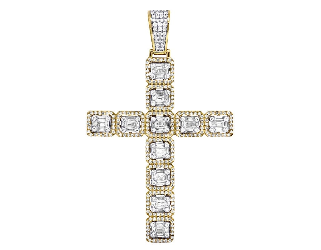 MEN'S REAL DIAMOND BAGUETTE CROSS PENDANT CHARM IN 10K YELLOW GOLD: Men's Real Diamond Baguette Cross Pendant Charm In 10K Yellow Gold Brand: None Type: Pendant Material: 10K Yellow Gold Main Stone/Creation Natural Color: Yellow Gold Size: Dimension 3" Accessorie