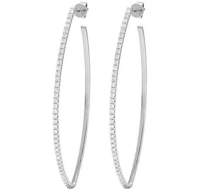 LADIES 14K WHITE GOLD GENUINE DIAMOND ONE ROW HOOP EARRINGS (1 of 5)