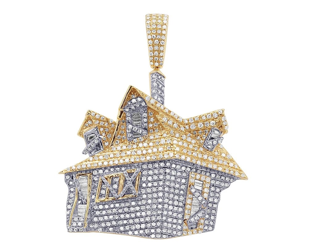 10K YELLOW-WHITE GOLD ICED TRAP HOUSE CLUSTER DIAMOND PENDANT: 10K Yellow-White Gold Iced Trap House Cluster Diamond Pendant Brand: None Type: Pendant Material: 10K Yellow-White Gold Main Stone/Creation Natural Color: Yellow Gold Size: Dimension Length 33.2 W