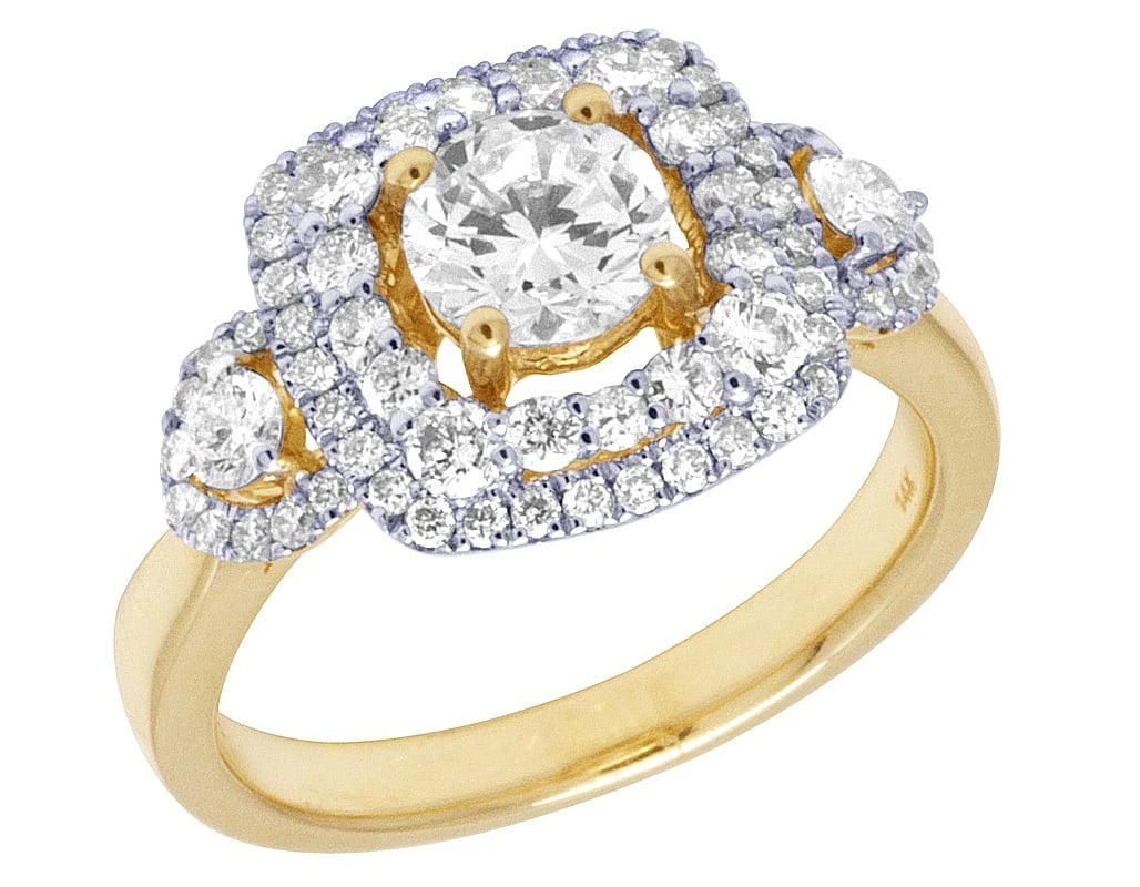 14K YELLOW GOLD 3 STONE DOUBLE HALO SEMI MOUNT RING: 14K Yellow Gold 3 Stone Double Halo Semi Mount Ring Brand: None Type: Ring Material: 14K Yellow Gold Main Stone/Creation Natural Color: Yellow Gold Size: 7 US Accessories: None Accessories
