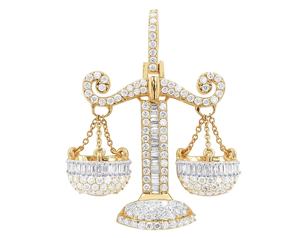10K LIBRA SCALE ROUND BAGUETTE DIAMOND PENDANT: 10k Libra Scale Round Baguette Diamond Pendant Brand: None Type: Pendant Material: 10k Yellow-White Main Stone/Creation Natural Color: Yellow Gold Size: Dimension Length 28 MM, W 25MM, Bail 12MM A