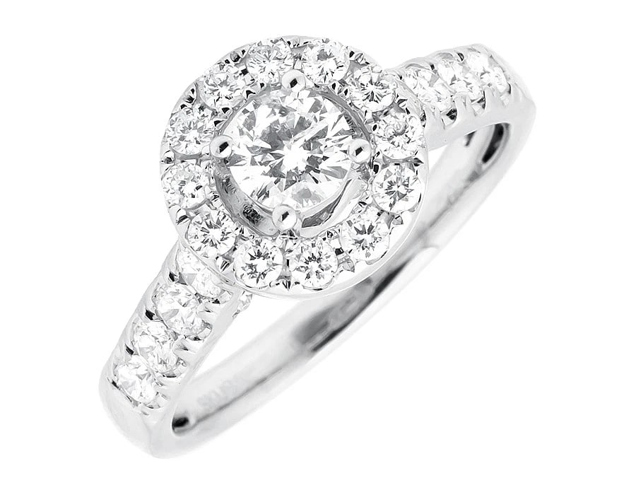 14K WHITE GOLD HALO SOLITAIRE DIAMOND RING: 14K White Gold Halo Solitaire Diamond Ring Brand: None Type: Ring Material: 14K White Gold Main Stone/Creation Natural Color: White Size: 7 US Accessories: None Accessories Notice: When