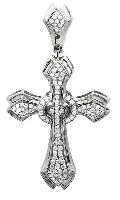 14K WHITE GOLD UNISEX DIAMOND GOTHIC SOLITAIRE CROSS PENDANT: 14K White Gold Unisex Diamond Gothic Solitaire Cross Pendant Brand: None Type: Pendant Material: 14K White Gold Main Stone/Creation Natural Color: White Gold Size: Dimension 40mm or 1.6 inch Acce
