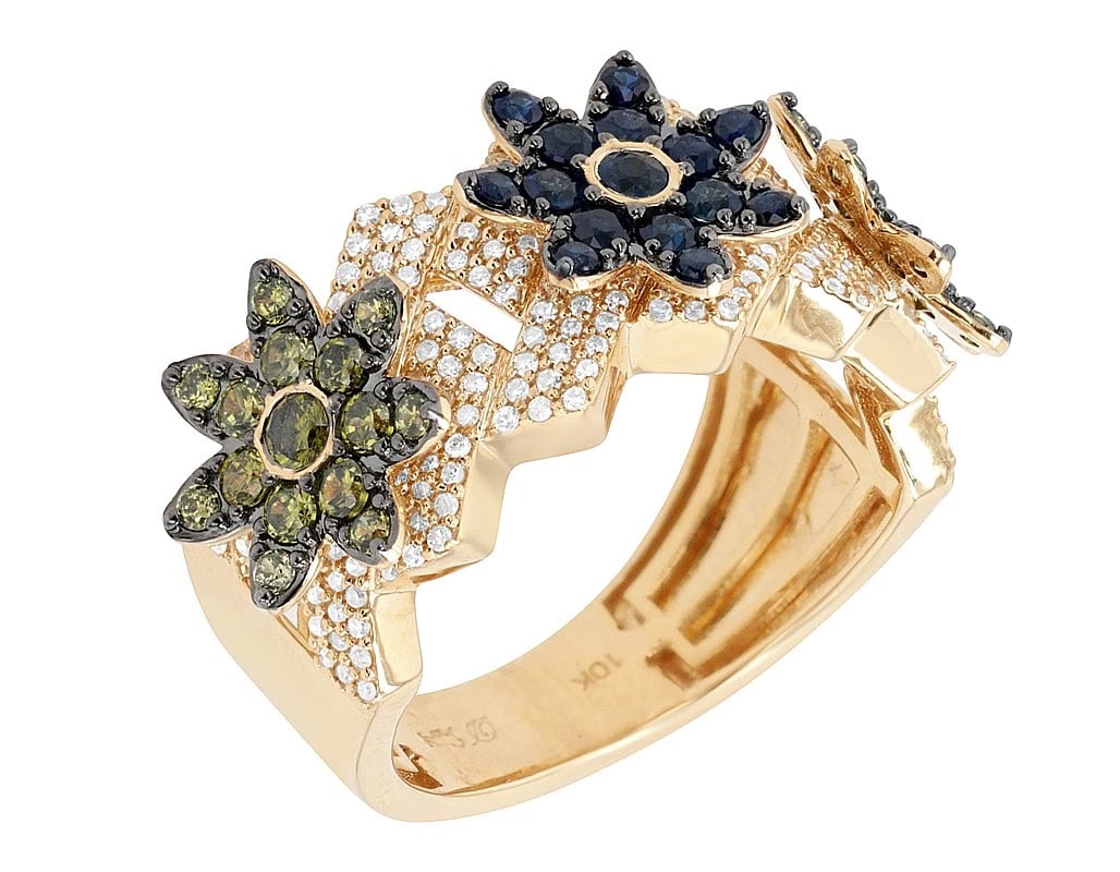 SAPPHIRE FLORAL CLUSTER DIAMOND RING 10K YELLOW GOLD (1 of 5)