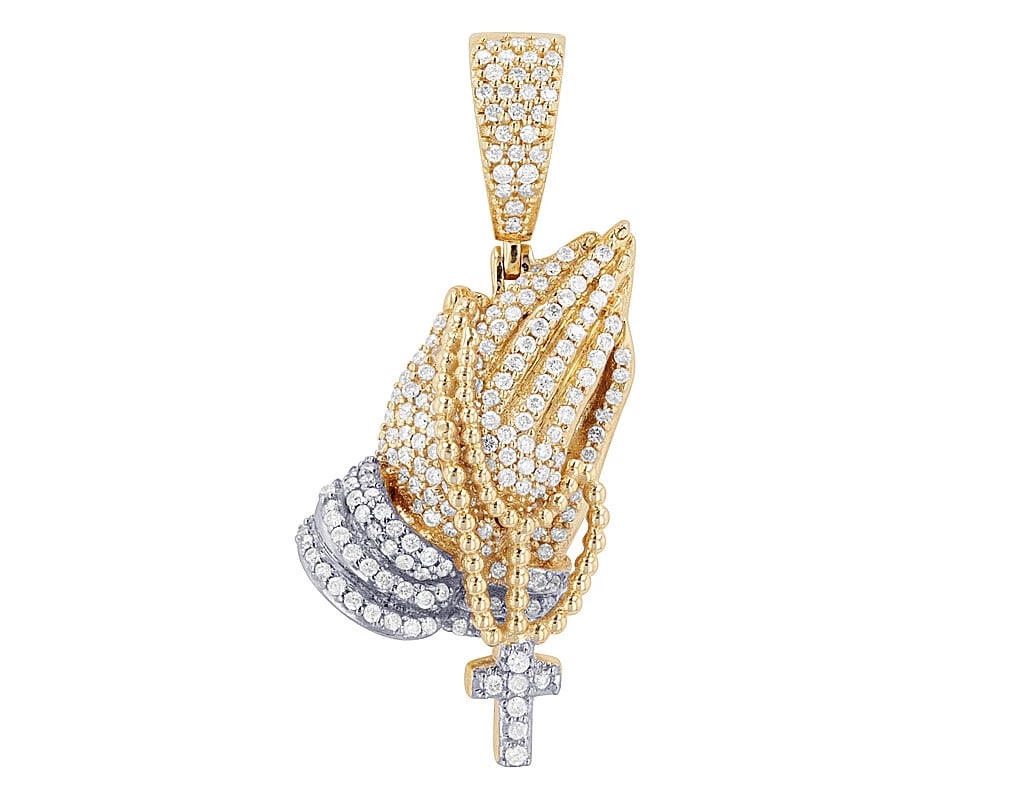 PRAYING HANDS ROSARY DIAMOND PENDANT 10K YELLOW-WHITE GOLD: Praying Hands Rosary Diamond Pendant 10K Yellow-White Gold Brand: None Type: Pendant Material: 10K Yellow-White Gold Main Stone/Creation Natural Color: Yellow Gold Size: Dimension L 1.5", W 0.5"