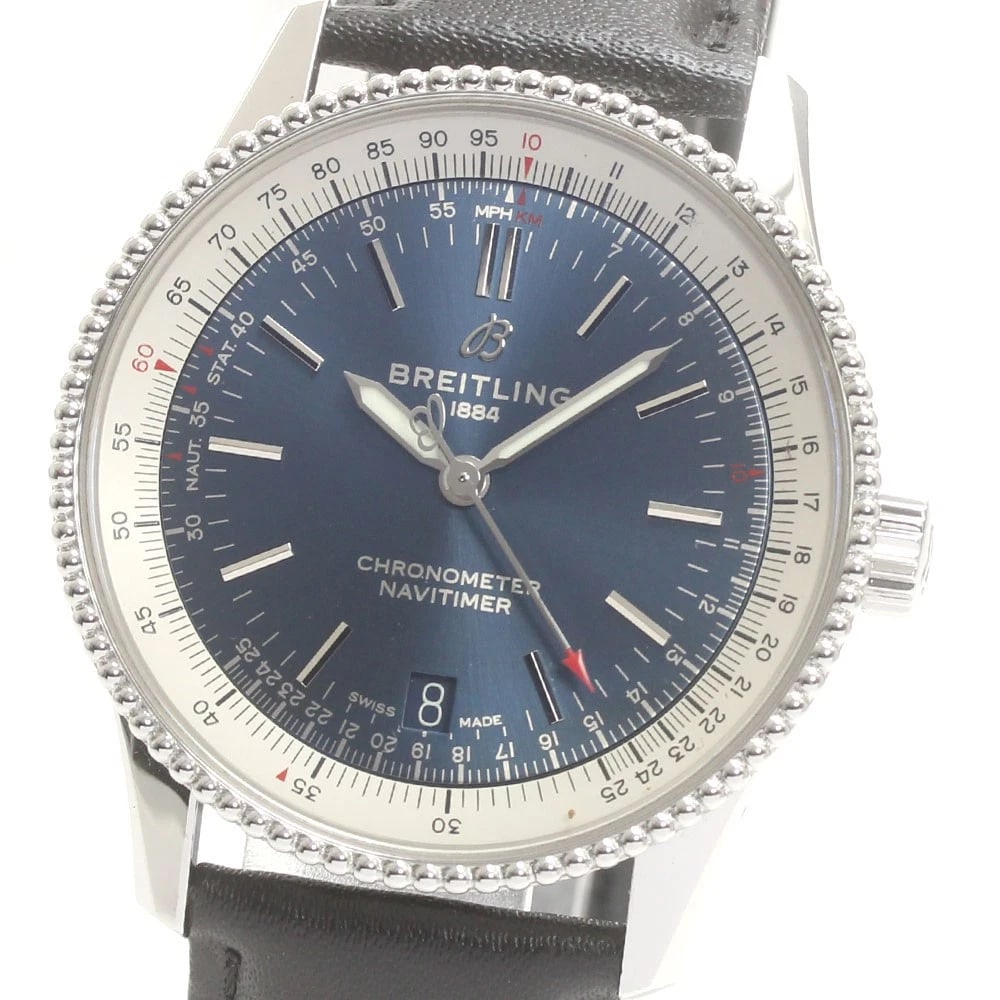 BREITLING NAVITIMER DATE NAVY AUTOMATIC WATCH: BREITLING Navitimer Date Navy Automatic Watch Brand: BREITLING Type: Wristwatch Material: Band Material leather, Case Material Stainless Steel / leather Color: Band Color black, Dial Color Navy, Ca