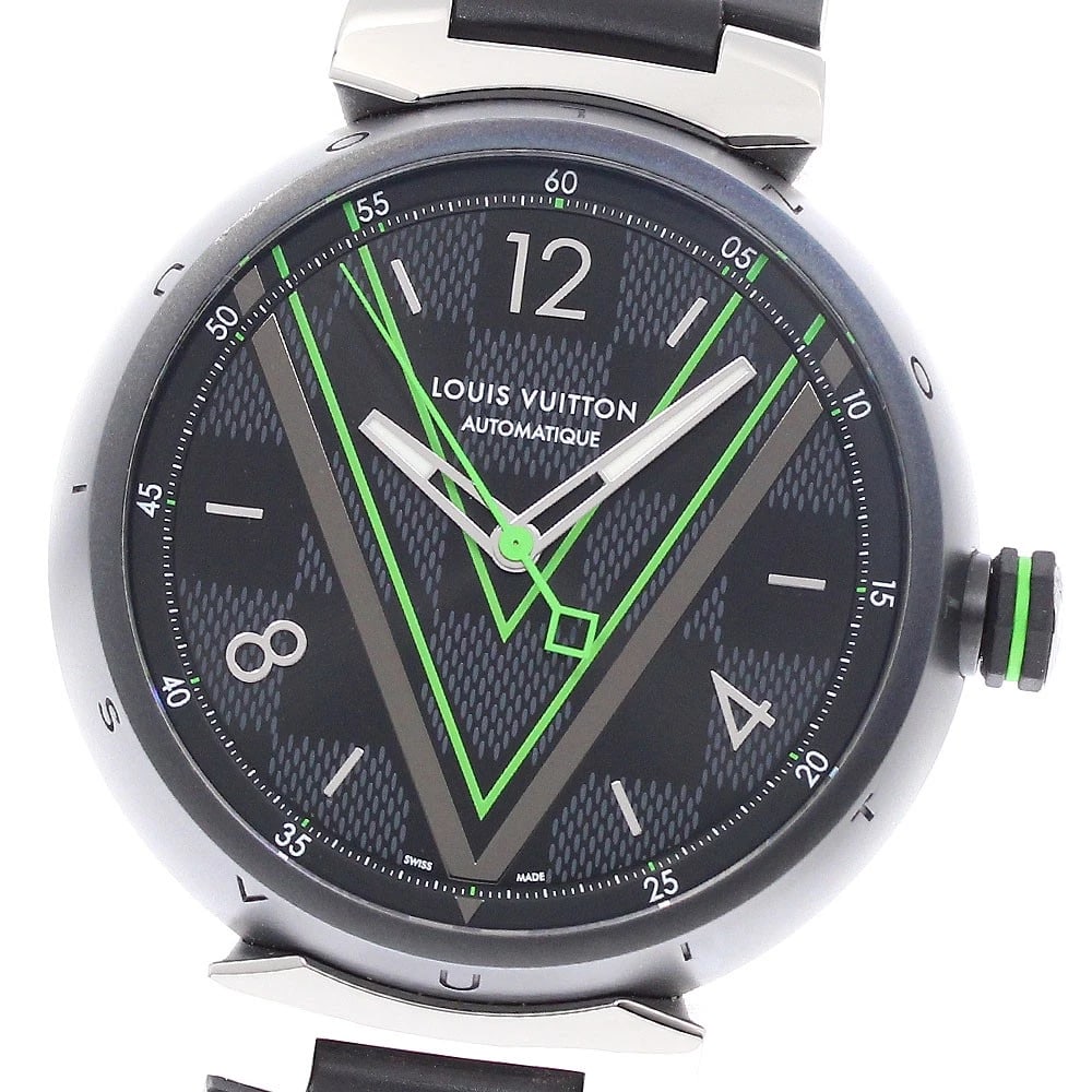 LOUIS VUITTON TAMBOUR BLACK DIAL AUTOMATIC WATCH: LOUIS VUITTON Tambour black Dial Automatic Watch Brand: LOUIS VUITTON Type: Wristwatch Material: Band Material rubber, Case Material Stainless Steel / rubber Color: Band Color black, Dial Color