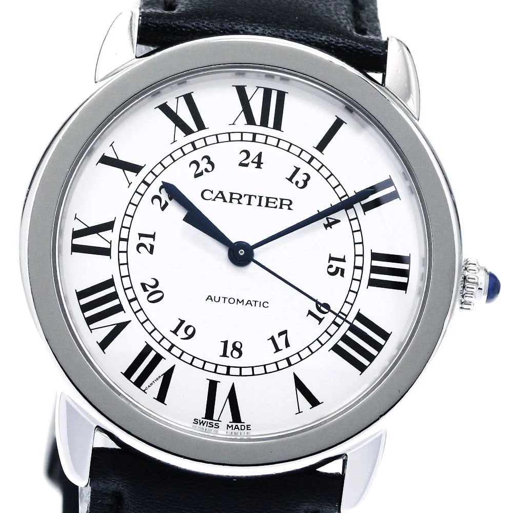 CARTIER RONDE SOLO AUTOMATIC WATCH: CARTIER Ronde Solo Automatic Watch Brand: CARTIER Type: Wristwatch Material: Band Material leather, Case Material Stainless Steel / leather Color: Band Color black, Dial Color Silver, Case Color Si