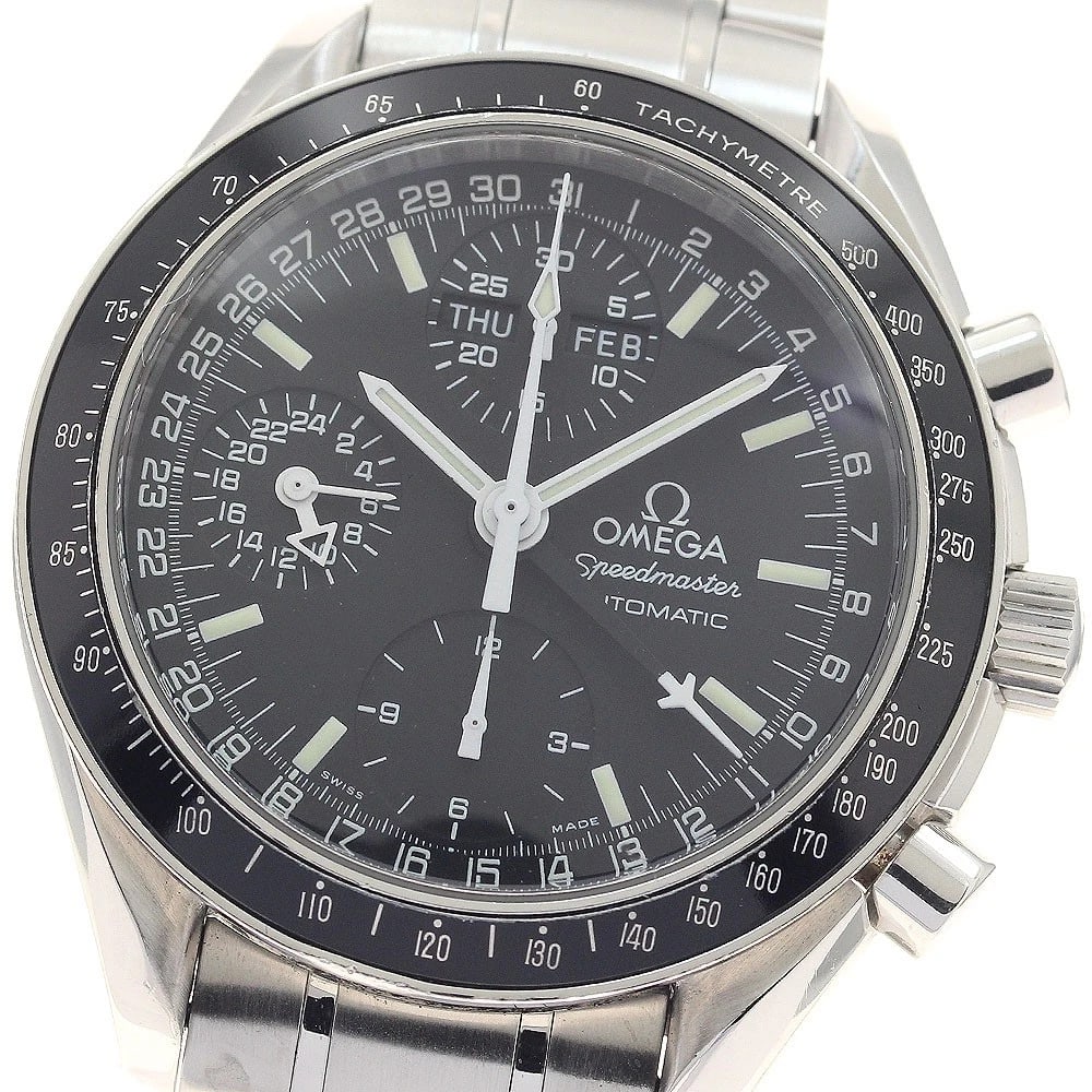 OMEGA SPEEDMASTER AUTOMATIC WATCH: OMEGA Speedmaster Automatic Watch Brand: OMEGA Type: Wristwatch Material: Band Material Stainless Steel, Case Material Stainless Steel / Stainless Steel Color: Band Color Silver, Dial Color black,