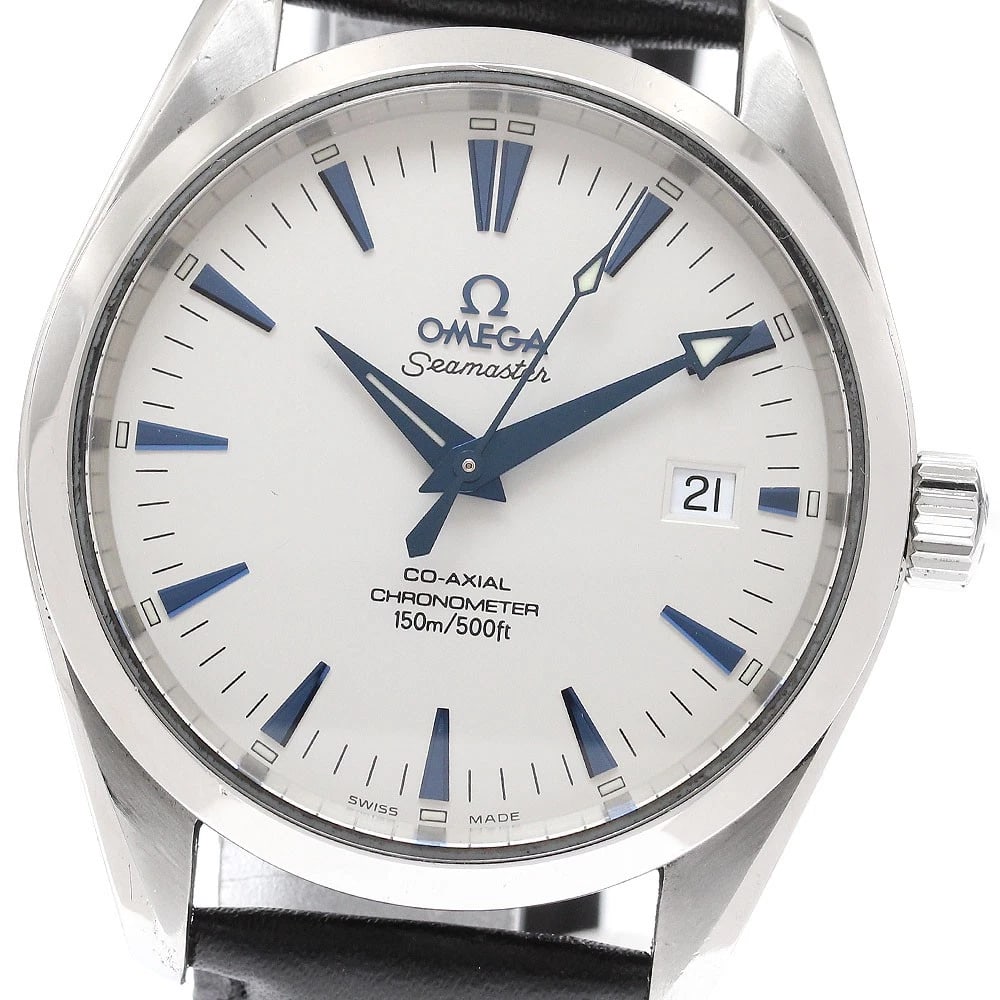 OMEGA SEAMASTER AQUA TERRA DATE CO AXIAL AUTOMATIC WATCH: OMEGA Seamaster Aqua Terra Date Co Axial Automatic Watch Brand: OMEGA Type: Wristwatch Material: Band Material leather, Case Material Stainless Steel / leather Color: Band Color black, Dial Color w