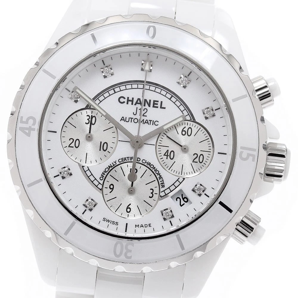 CHANEL J12 WHITE CERAMIC 9P DIAMOND CHRONOGRAPH AUTOMATIC MEN'S: CHANEL J12 white ceramic 9P diamond chronograph Automatic Men's Brand: CHANEL Type: Wristwatch Material: Band Material Stainless Steel / ceramic, Case Material Stainless Steel / Stainless Steel 