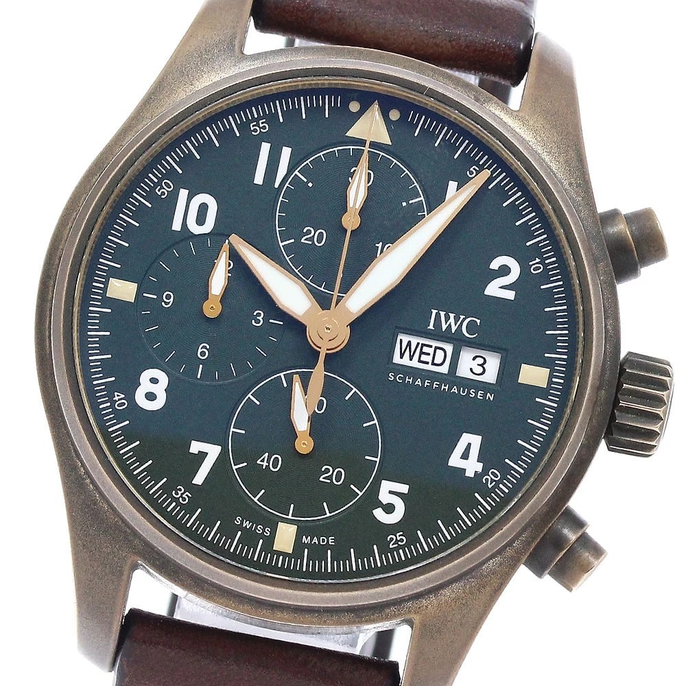 IWC SCHAFFHAUSEN PILOT WATCH SPITFIRE AUTOMATIC WATCH: IWC SCHAFFHAUSEN Pilot watch spitfire Automatic Watch Brand: IWC SCHAFFHAUSEN Type: Wristwatch Material: Band Material leather, Case Material bronze Color: Band Color Brown, Dial Color khaki,