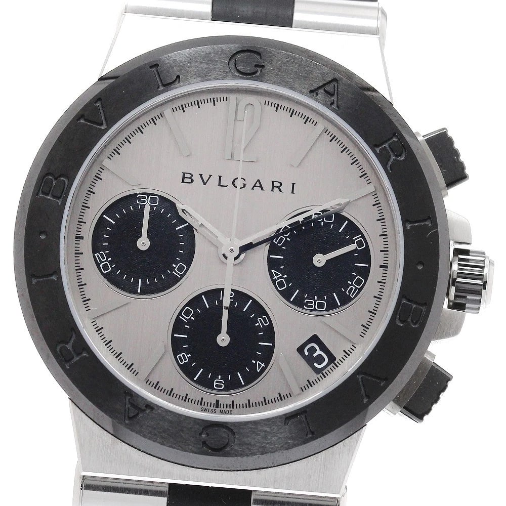 BVLGARI CHRONOGRAPH DATE AUTOMATIC WATCH: BVLGARI Chronograph date Automatic Watch Brand: BVLGARI Type: Wristwatch Material: Band Material rubber, Case Material Stainless Steel / rubber Color: Band Color black, Dial Color Silver /